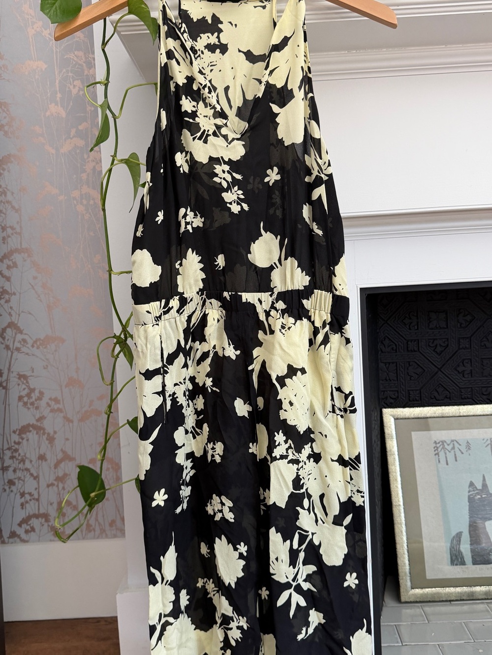 A.L.C. Black Silk Midi Dress with Pale Green/Yellow Floral Print
